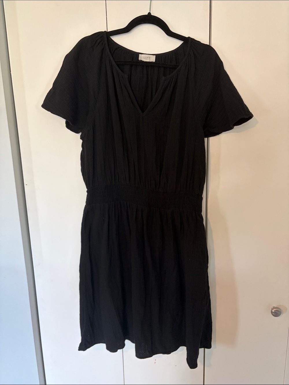 LOFT Black Short Sleeve V-Neck Smocked Waist Dress